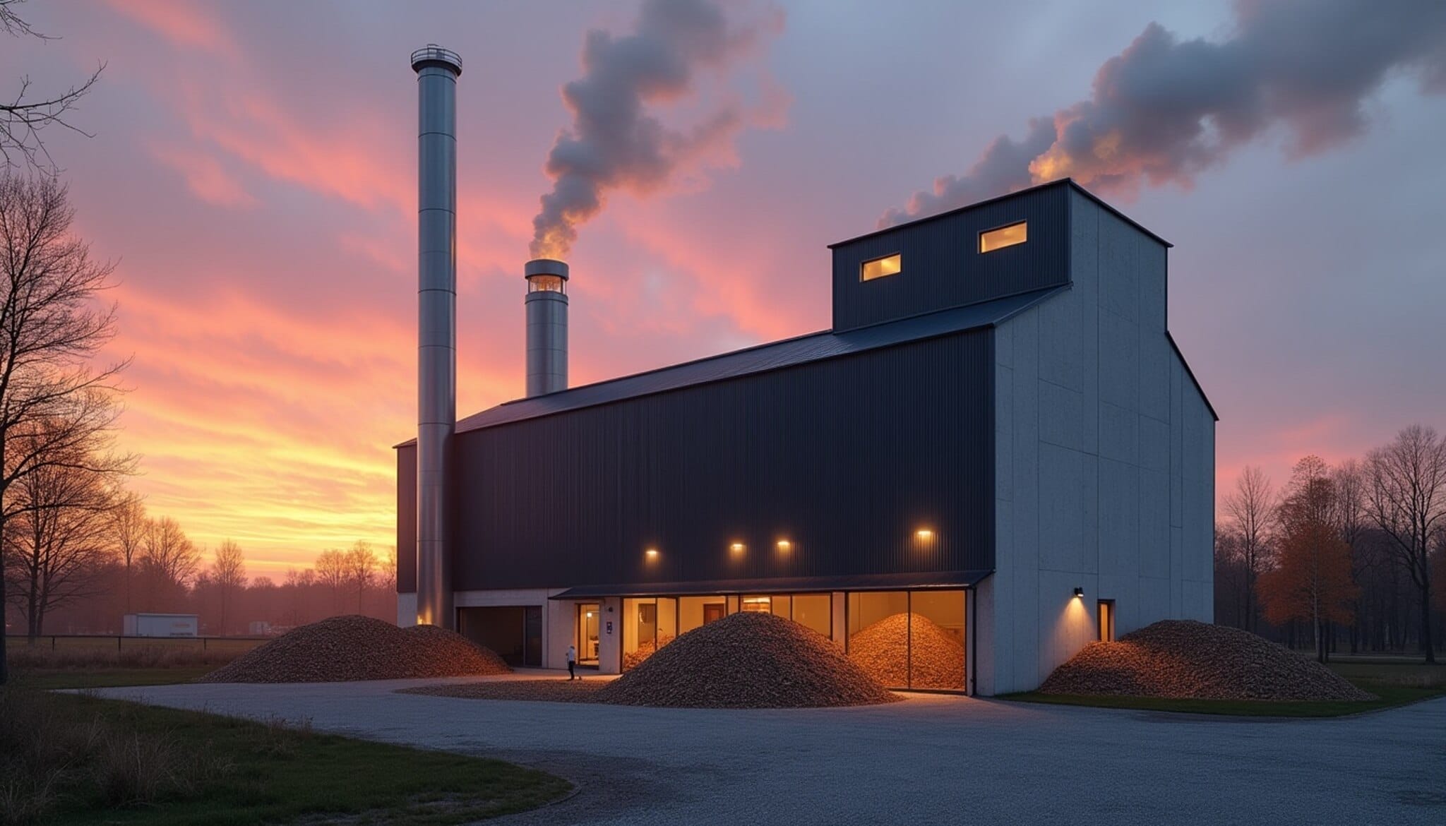 Recreación de una central de energía de biomasa moderna.