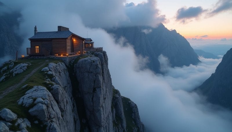 Refugio de montaña en un enclave rocoso de alta montaña