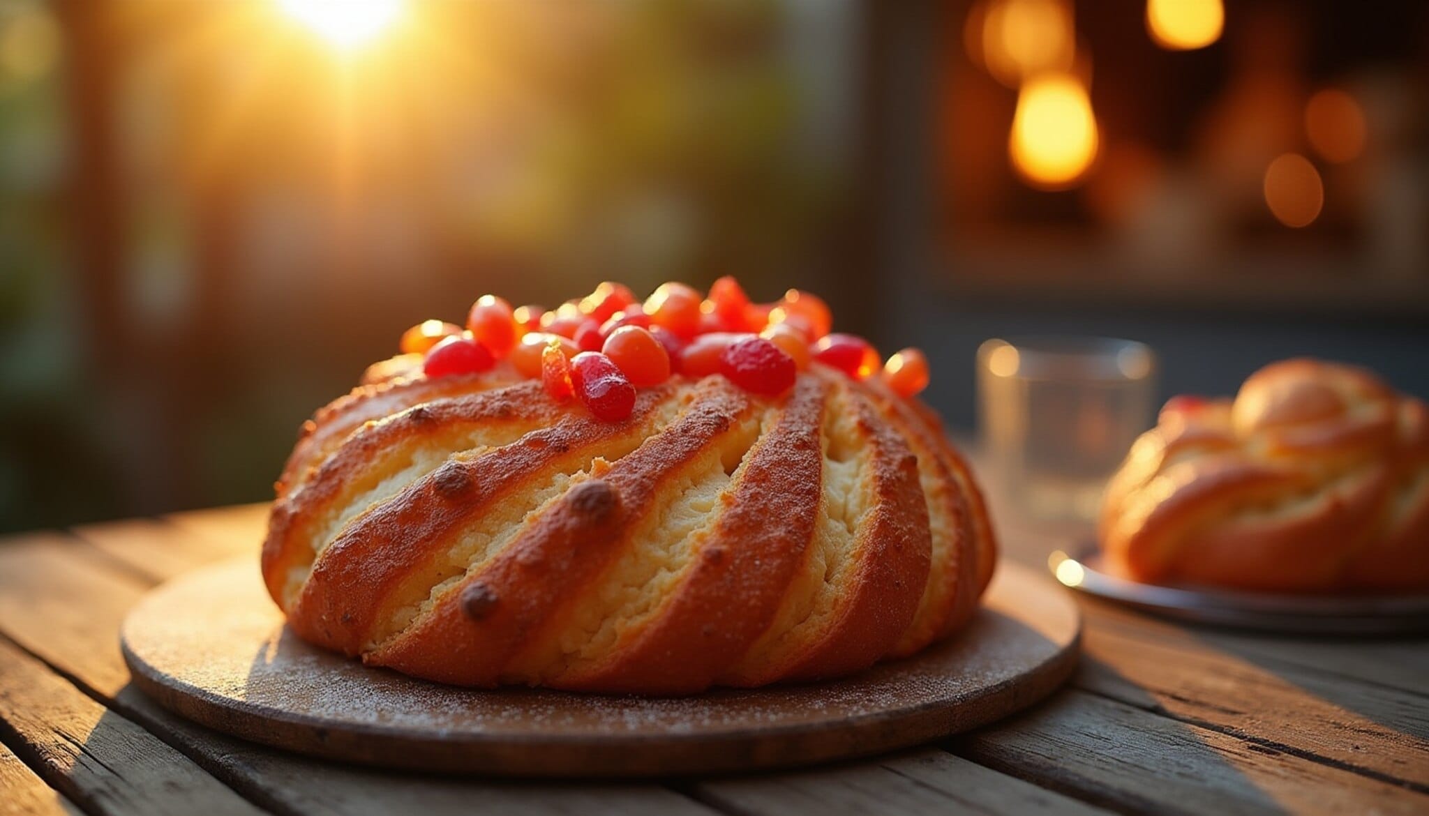 Primer plano de un roscón crujiente con glaseado y frutas confitadas