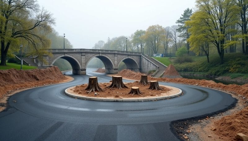 Recreación digital de una nueva rotonda en construcción junto a un puente, con árboles talados en el lateral.