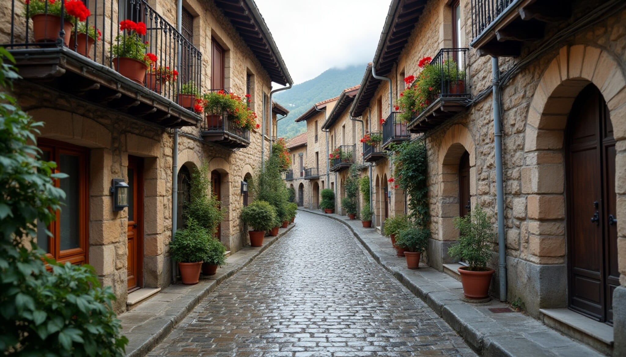 Calle de un pueblo de piedra de la provincia de León con balcones de madera y flores.