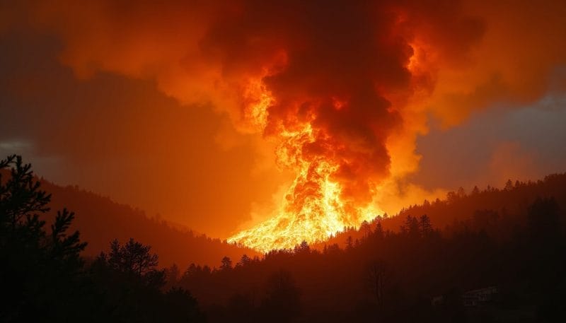 Recreación de un torbellino de fuego en un paraje montañoso y rojizo como Las Médulas.