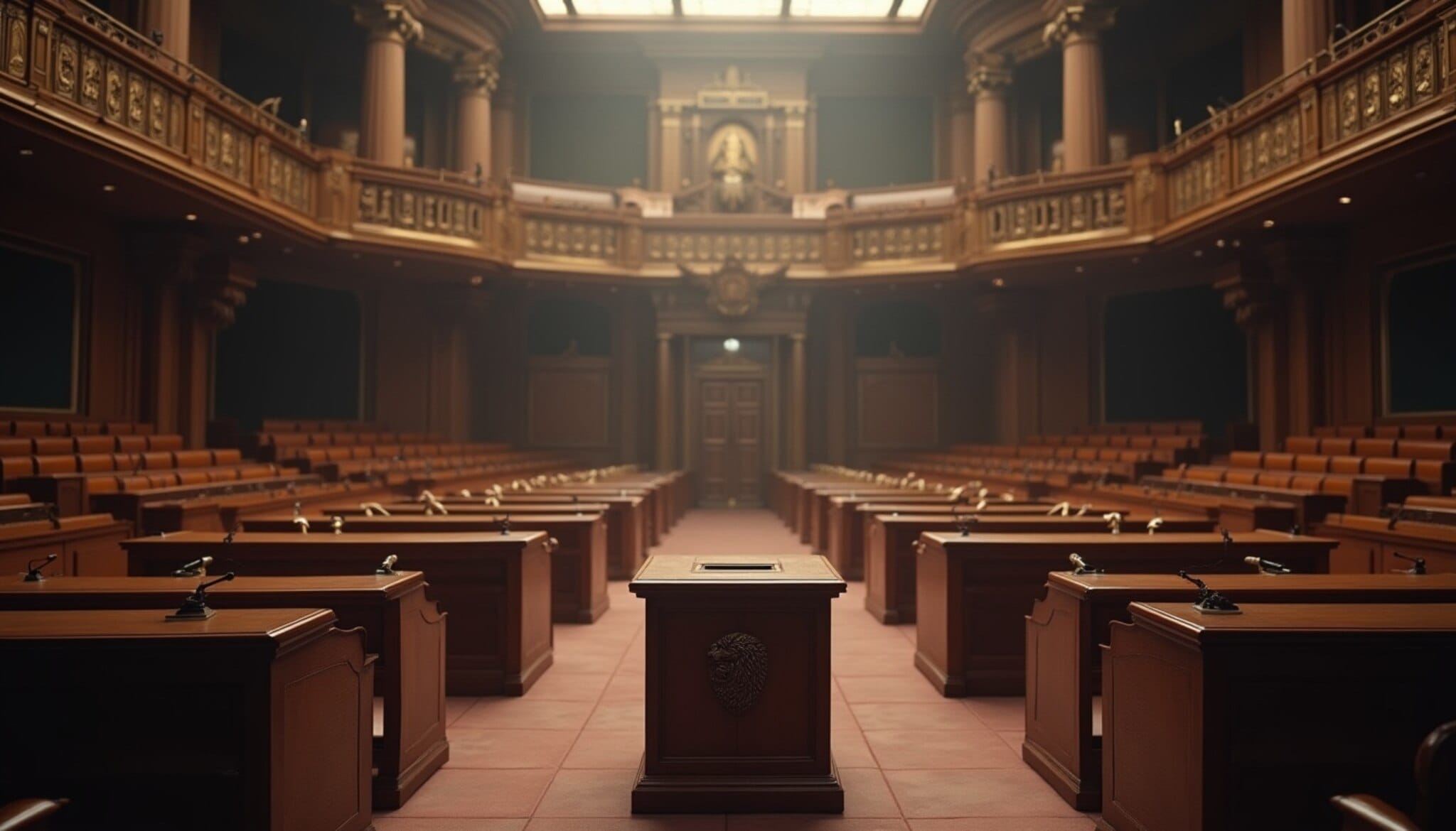 Urna electoral en un parlamento vacío simbolizando el voto leonesista