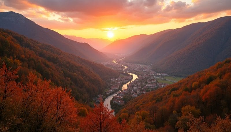 Vista panorámica del Valle de Laciana en otoño con Villablino al fondo.