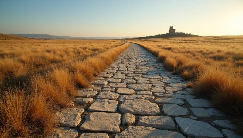 Antigua calzada romana de la Vía de la Plata atravesando un paisaje de la meseta.